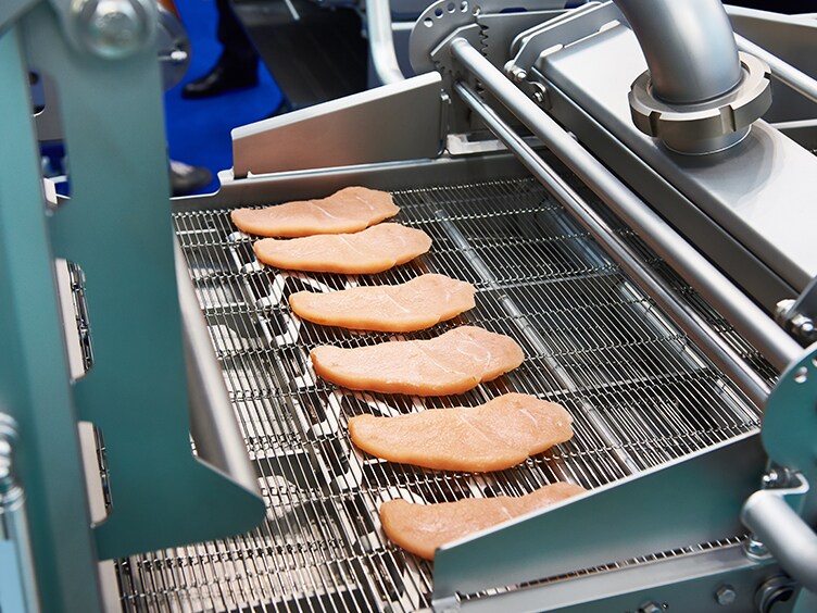 Pieces of raw meat on the conveyor belt of a processing machine
