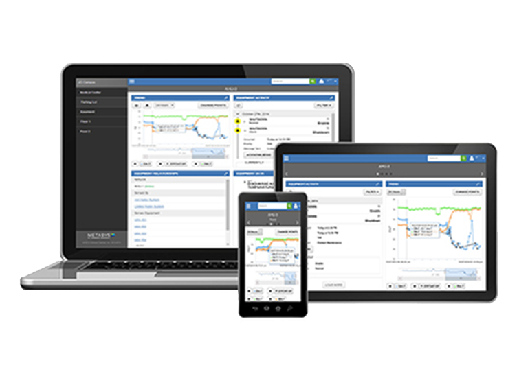 A laptop, tablet and smartphone displaying the Metasys software